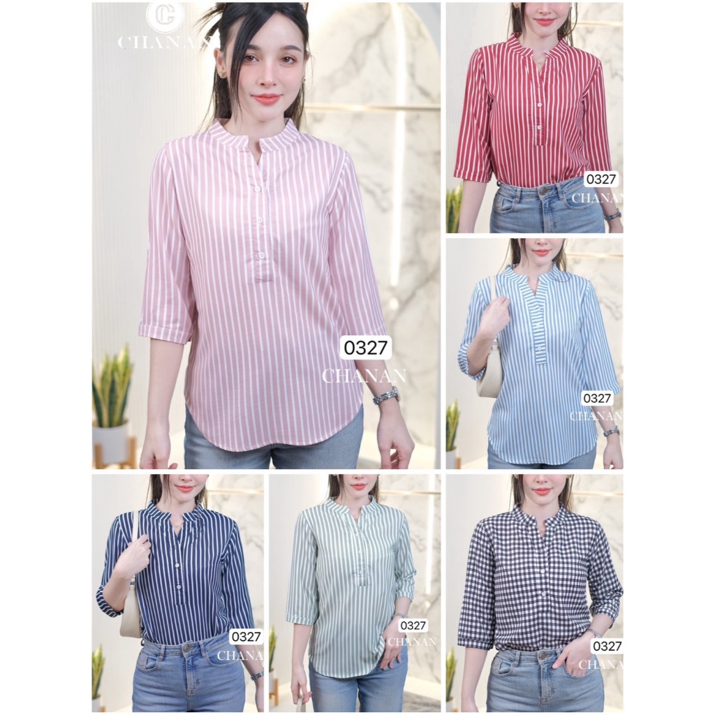 Chanan เสื้อคอตตอน คอจีน ลายสวยมาก สีสดใส เสื้อทำงาน ใส่ออกงาน เสื้อผู้ใหญ่ สาวออฟฟิต เสื้อสวย มี6สี รุ่น0327