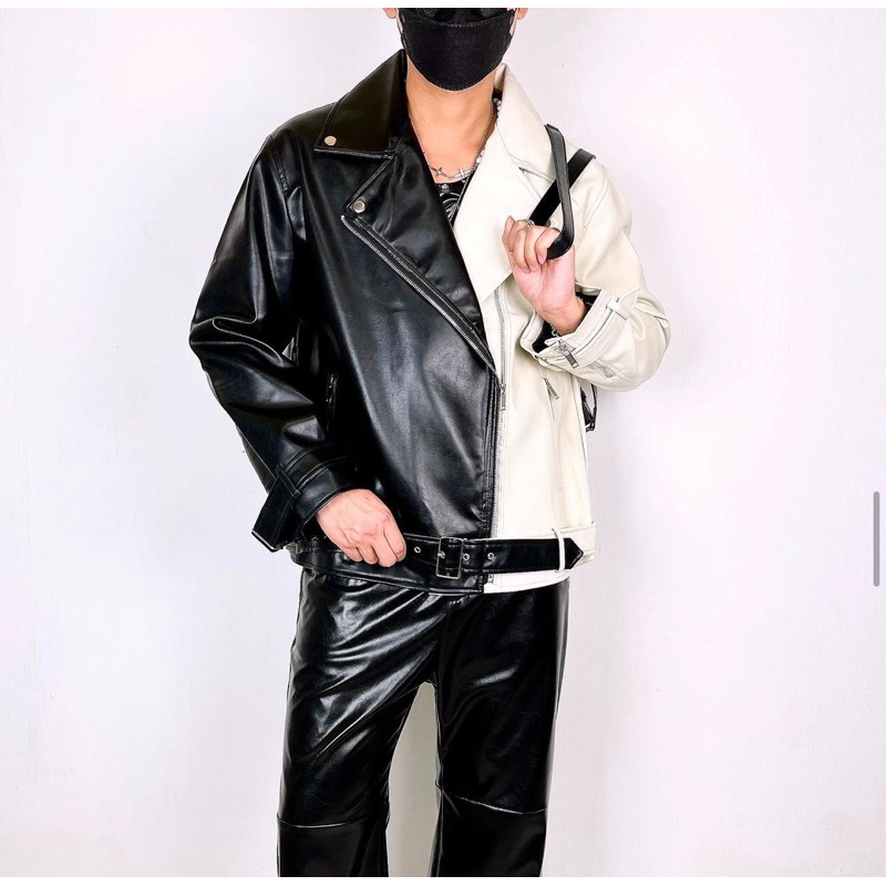 เสื้อหนังชาย Black&White Leather Jacket