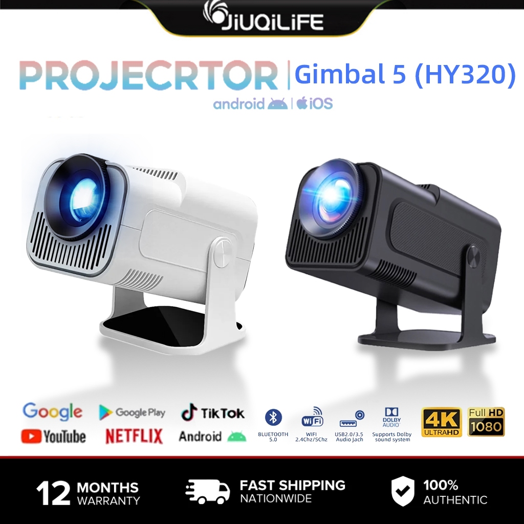 โปรเจคเตอร์ Gimbal 5（HY320） 4K Native 1080P Android 11.0 WiFi 6 บลูทูธ 5 Auto Keystoneหน้าจอ