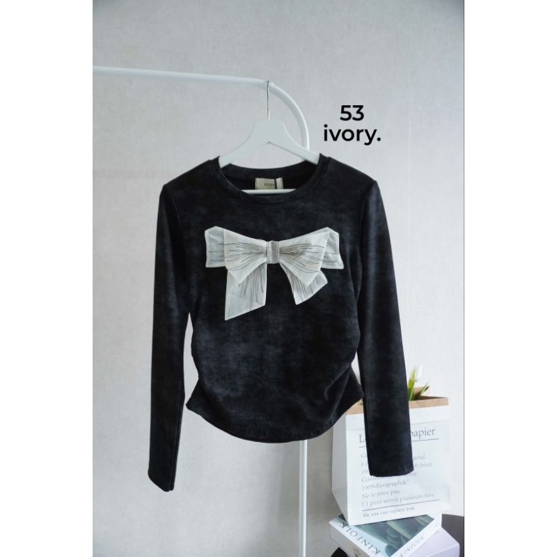 ivory 53 งานเสื้อยืดแฟชั่นแขนยาว คอกลมติดโบว์ใหญ่ + หยุมข้างผ้ายูนิโคล่ลายหินอ่อน เนื้อนุ่มใส่สบายมี 3 สีค่า