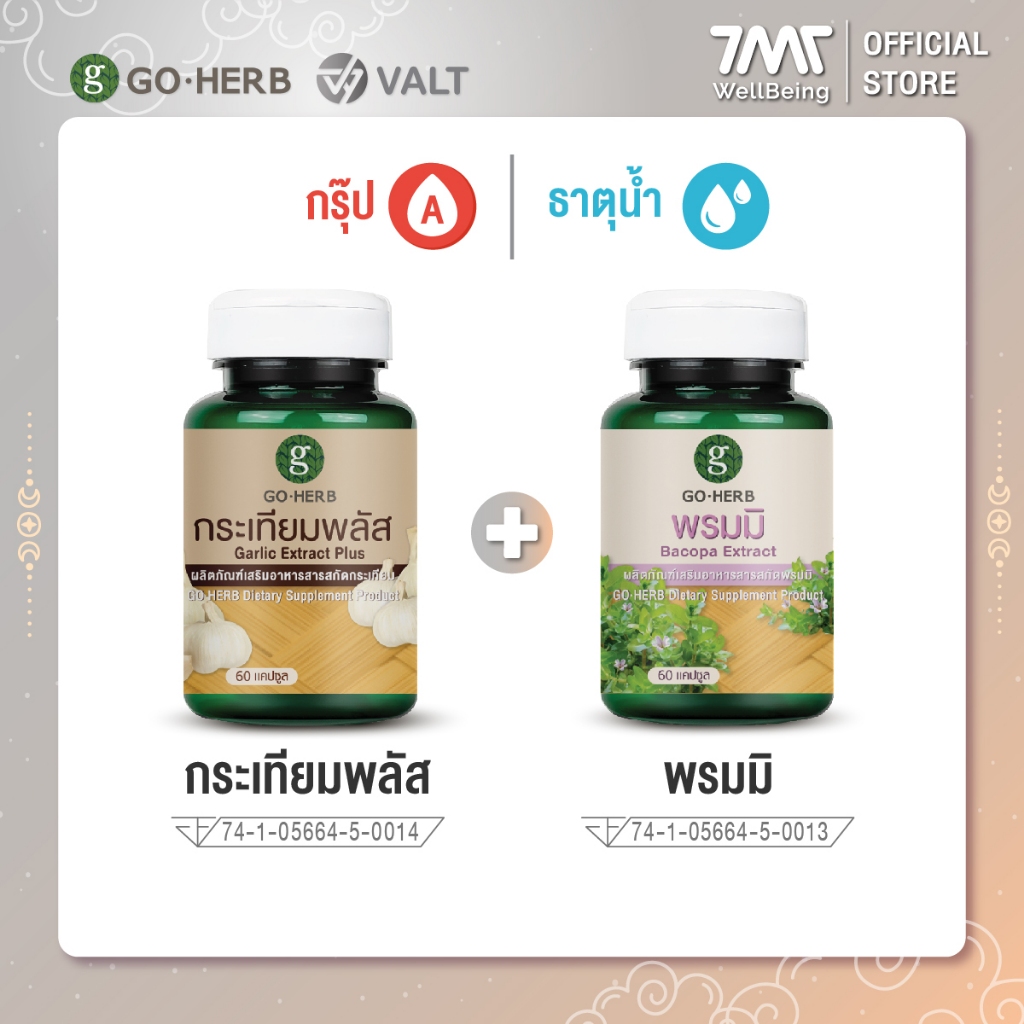 [กรุ๊ปเลือด A + ธาตุน้ำ ] ผลิตภัณฑ์เสริมอาหาร โกเฮิร์บ กระเทียม พลัส 60 แคปซูล + พรมมิ 60 แคปซูล