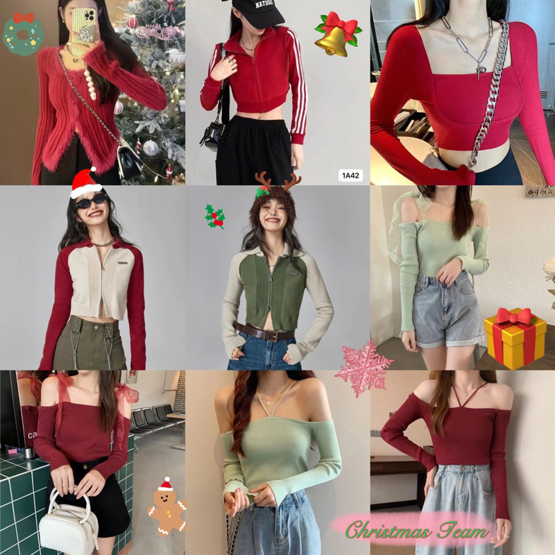 1LDK พร้อมส่ง เสื้อแขนยาวไหมพรม หลายสไตล์สีแดง เขียว ต้อนรับเทศกาลChristmas(RCM)