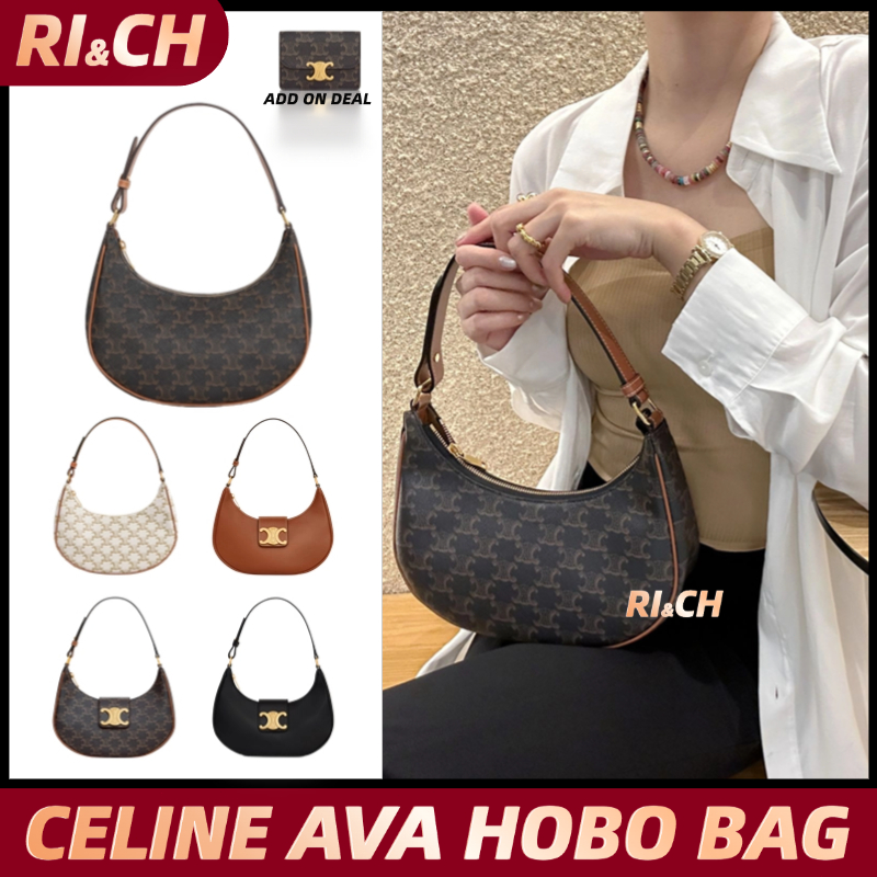 Celine กระเป๋า AVA TRIOMPHE Hobo Bag ขนาดกลาง ผ้าแคนวาสลายทรียงฟ์และหนังลูกวัว #Rich ราคาถูกที่สุดใน Shopee แท้
