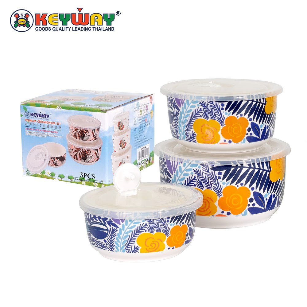 ชุดชามเซรามิคพร้อมฝาปิด 3 ใบชุด เข้าไมโครเวฟได้ **ลายใหม่** Microwave Food Storage Bowl Set : EM1544