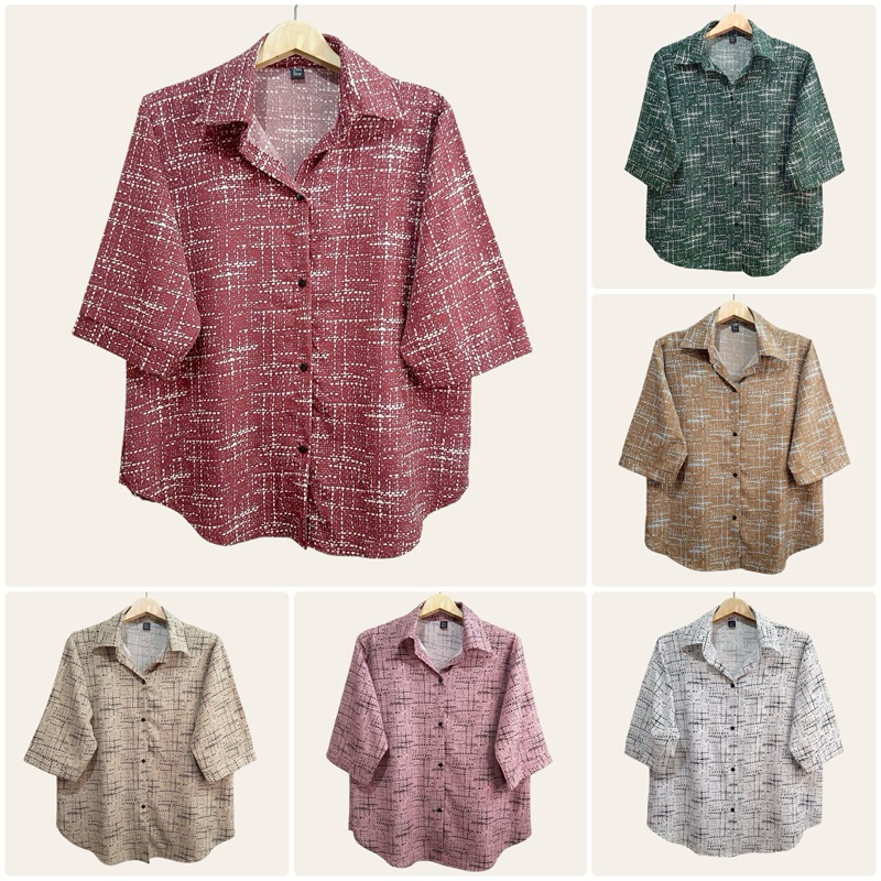 (อก 44”) เสื้อเชิ้ต แขนสามส่วน ผ่าหน้า ลายกระเบื้อง ผ้าไหมอิตาลี ไม่ต้องรีด