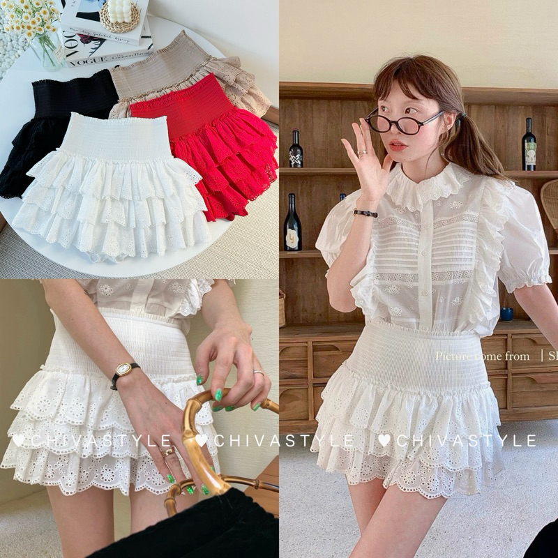 -𝐂𝐡𝐢𝐯𝐚- พร้อมส่ง‼️ Layer lace skirt | กระโปรงลูกไม้เย็บระบาย เอวสมอค