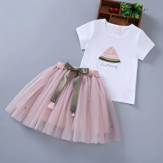 1-9ปี ชุดเด็กหญิง กระโปรงเด็กหญิงแขนสั้น ชุดเสื้อยืด สําหรับเด็กผู้หญิง นุ่มสบาย เรียบง่าย เนื้อผ้านุ่มนิ่ม
