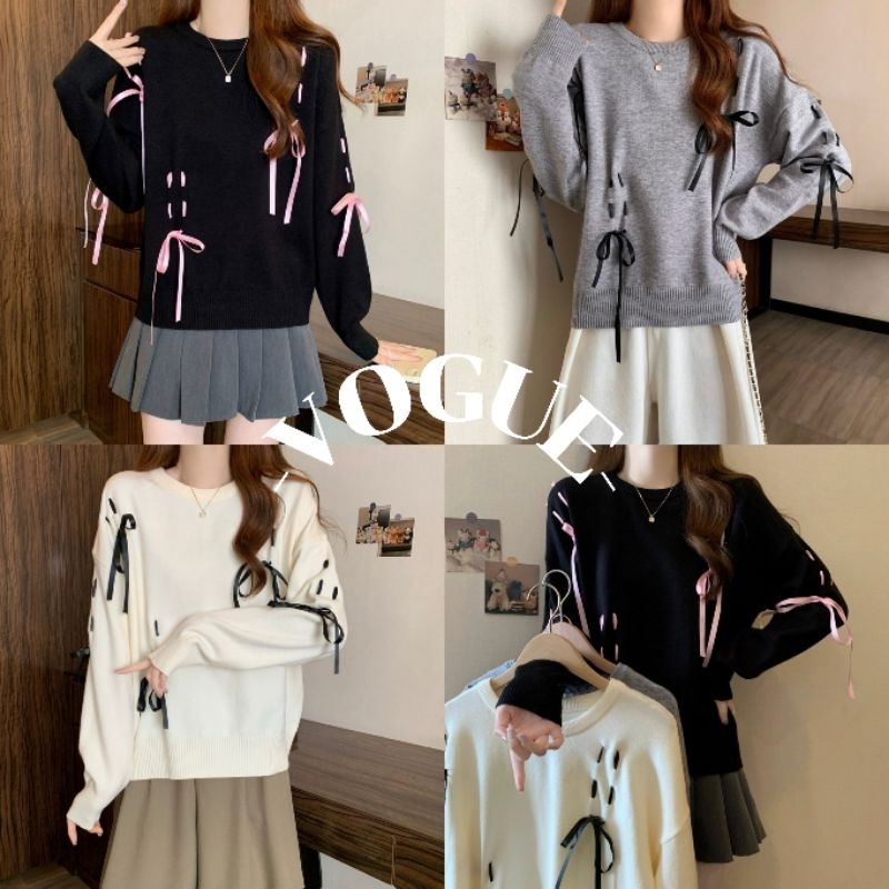 Vogue พร้อมส่ง เสื้อแขนยาวไหมพรมคอกลม ดีเทลแต่งโบว์สีพื้น ใส่สบาย (85260)