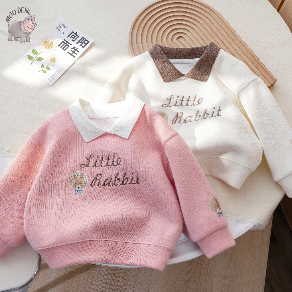 MooDeng Baby เสื้อแขนยาวเด็กผู้หญิง(2-12ขวบ) แขนยาวคอปก งานปักน้องกระต่าย ปักลายด้านหน้าเเละเเขน เนึ้อผ้าคอตตอนใสสบาย