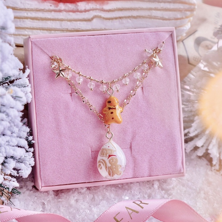 M403 สร้อยคอเลเยอร์ขนมปังขิง 14K 42.5 - 48 cm พร้อมกล่องชมพู