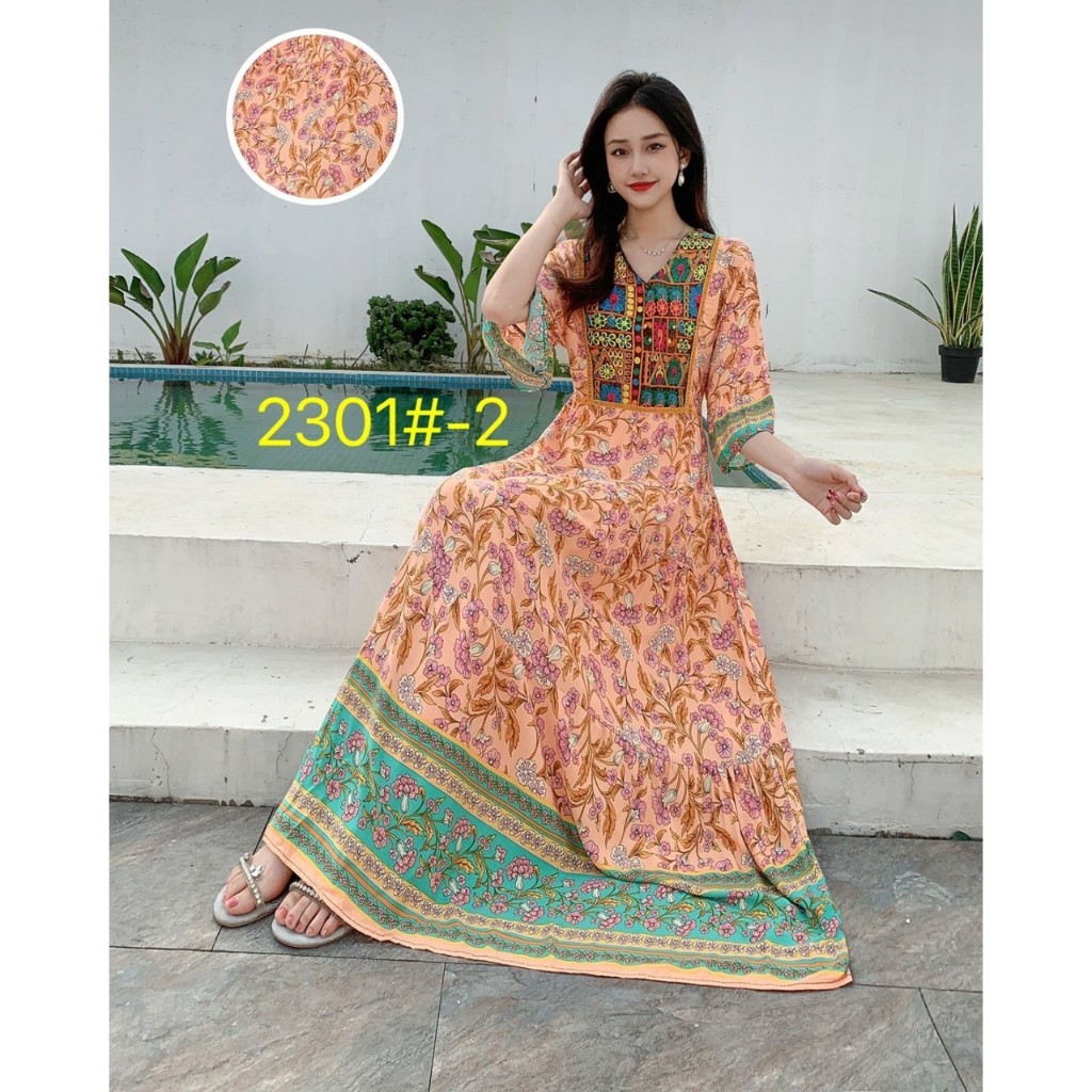 เดรส กระโปรงยาว สตล์โบฮีเมี่ยน ฟรีไซด์อก32-42 ยาว47 นิ้ว อวบอ้วนใส่ได้ ผ้าสปัน มียางยืดเชือกผูกปรับขนาดได้  ส่งจากไทย