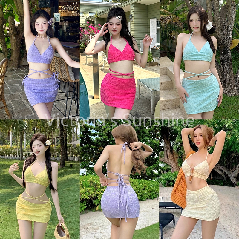 พร้อมส่ง ชุดว่ายน้ำ3ชิ้น ชุดว่ายน้ําบิกินี่ ลายดอกไม้ เนื้อผ้าใส่สบายมาก รุ่นใหม่ ผูกคอ เปลือย#0281