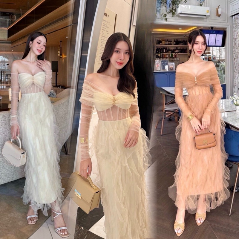 พร้อมส่ง•STYLISTA•เดรสเปิดไหล่ เเขนยาวซีทรู กระโปรงเเต่งเป็นริ้วระบายยาวเข้าชุด ใส่เที่ยว ใส่ออกงาน ใส่ได้หลายโอกาส