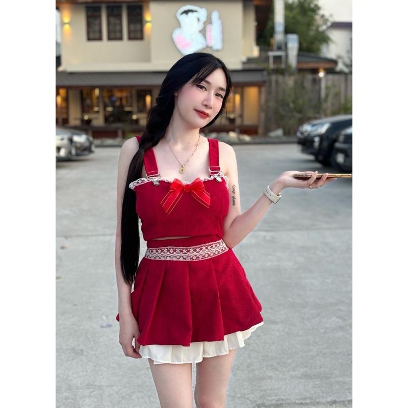 Phapassz - เซตเอี้ยมคริสต์มาส งานเสริมฟองผ้าลูกฟูกแต่งขอบลูกไม้ติดโบว์งานสม็อคหลังซิปข้าง งานกระโปรงจีบ Bk