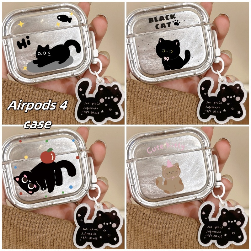 สินค้าใหม่ เคส Airpods 4 3 2 1 Airpods Pro2/Pro ลายการ์ตูนแมวดำ กระเป๋าหูฟังขนนก TPU ป้องกันการตก + พวงกุญแจ