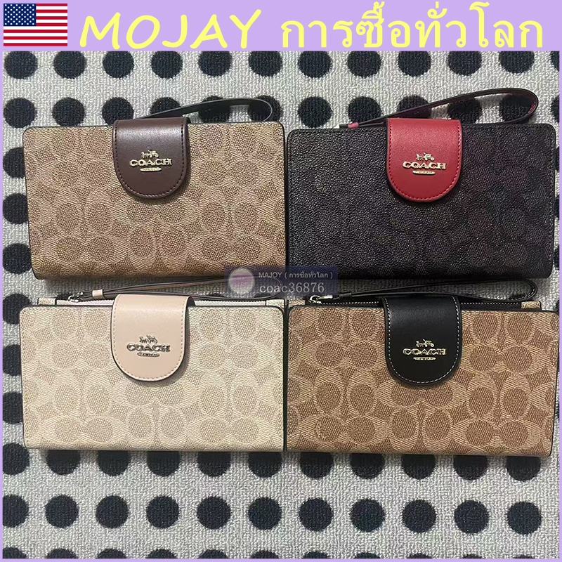 แท้ % Outlet Signature Canvas 18 ผ้าใบเคลือบกระดุมปิดด้วยกระดุมไมโครโทนสีทอง กระเป๋าสตางค์สตรีใบยาวมีซิป ผู้ถือบัตร
