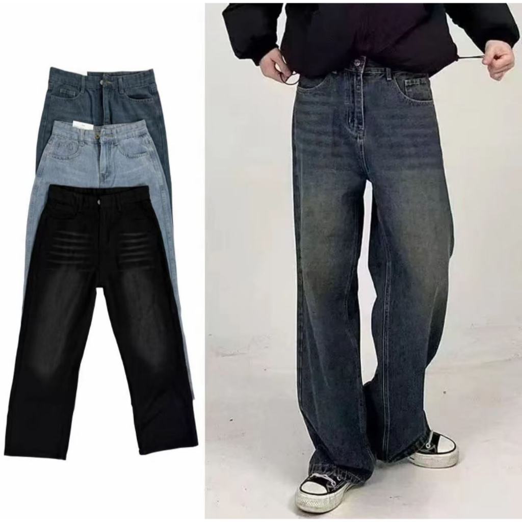 baggy jeans กางเกงยีนส์ผู้ชาย ชาย ทรงขากระบอก ยีนส์สีสนิม ย้อนยุค ขากว้าง ตรง สไตล์อเมริกัน