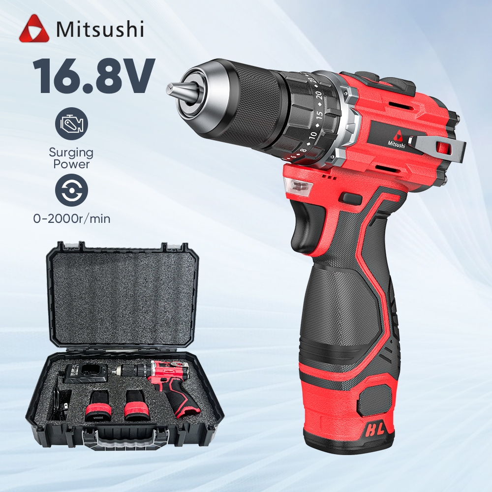 Mitsushi ไขควงไร้สาย สว่านไร้สาย สว่านชุดสว่าน 16.8V มาพร้อมไฟส่องสว่างและฟังก์ชันการใช้งานเป็นค้อน - รวมแบตเตอรี่ *2
