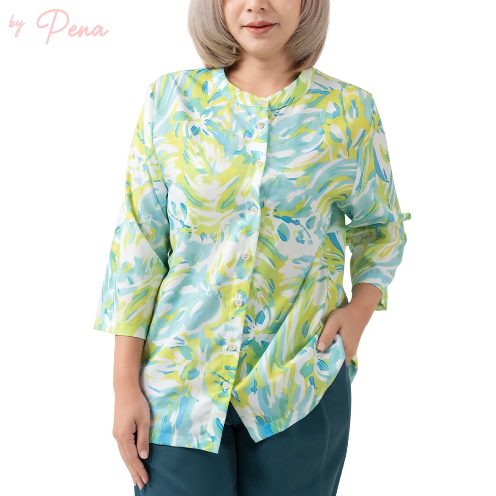 By Pena เสื้อเบลาส์ แขนสามส่วน คอกลม สำหรับผู้หญิง BPSL072404