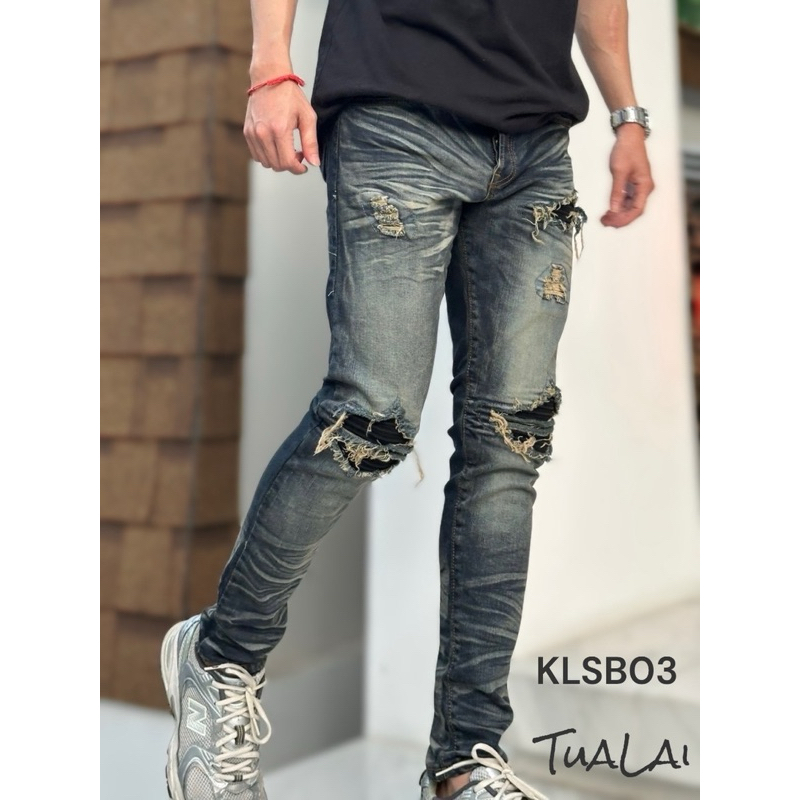 ยีนส์เกาหลีปะหน้าขา รหัสKLSB03 สีสนิมอ่อน