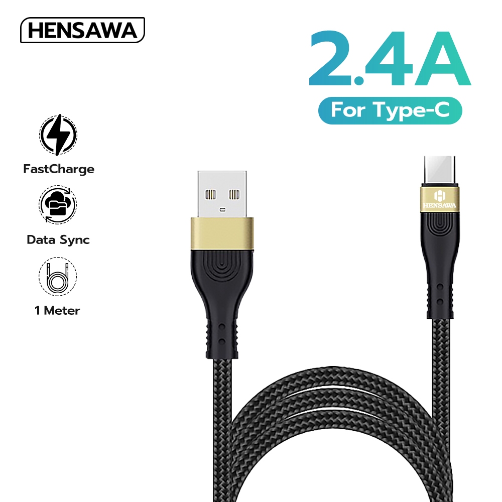Hensawa US3095 สายชาร์จเร็ว USB to Type-c Micro iP 2.4A สีดำ สายถักไนลอน 1m สำหรับ ไอโฟน Fast Charge Cable & Sync