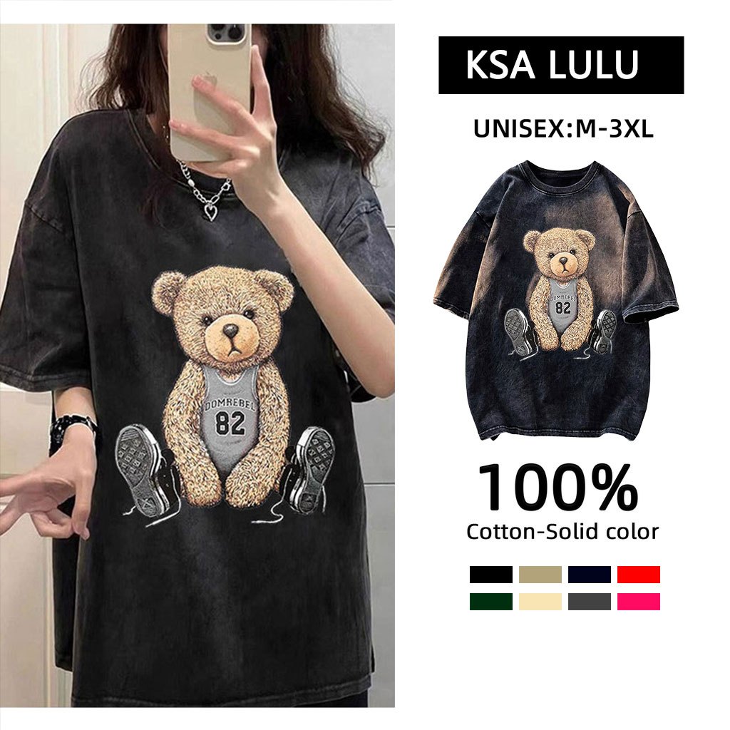 เสื้อยืดฟอกสีดำผู้หญิงแฟชั่นเกาหลีใหม่ ผ้าคอตตอน 100% Oversize เสื้อผ้าสาวอวบไซซ์ใหญ่ เสื้อโอเวอร์ไซต์สกรีนลายวินเทจเท่