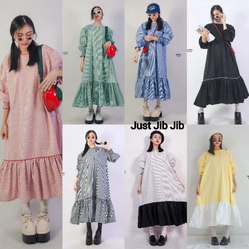 Maxidress แขนยาวปลายสม็อค กระโปรงต่อชายระบาย