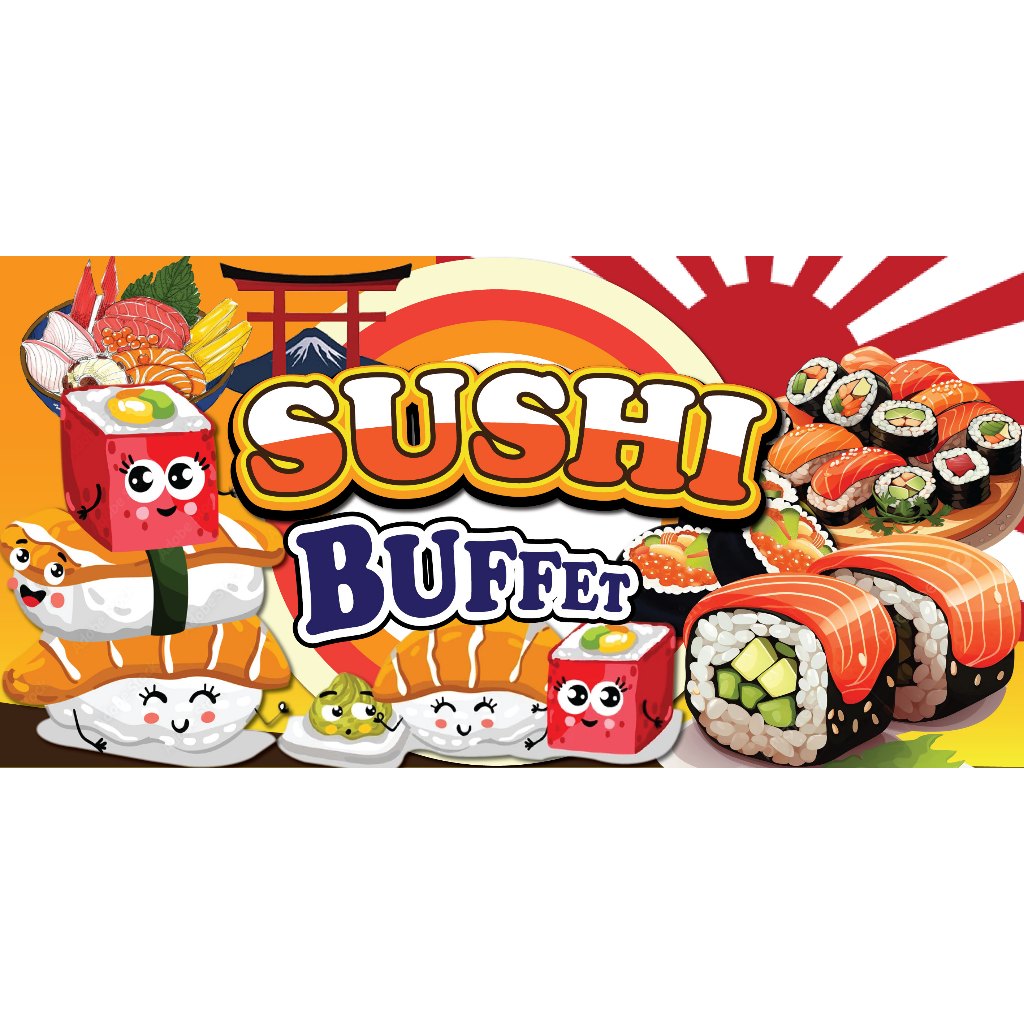 ป้ายไวนิลซูชิ ป้ายซูชิ ป้ายขายซูชิ ป้ายSushi ป้ายsushi พิมพ์ 1 ด้านเจาะรูตาไก่ฟรี 4 มุมลูกค้าเลือกขนาดได้ที่ตัวเลือก