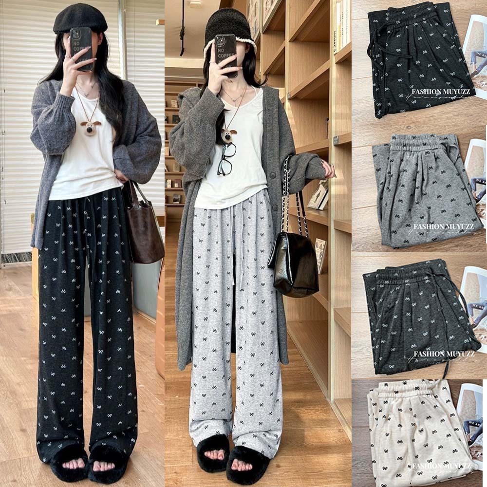 พร้อมส่ง กางเกงขายาวผ้าร่องเนื้อหนา เอวรูดปรับระดับได้ใส่สบายเเต่งลายโบว์