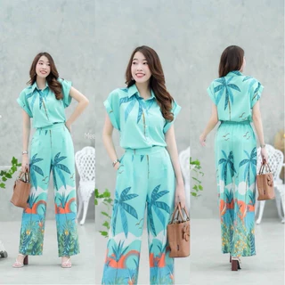 🌴เซ็ท 2 ชิ้น ลายมะพร้าว เสื้อเชิ้ตกระดุมหน้าแขนเบิ้ล + กางเกงขายาว