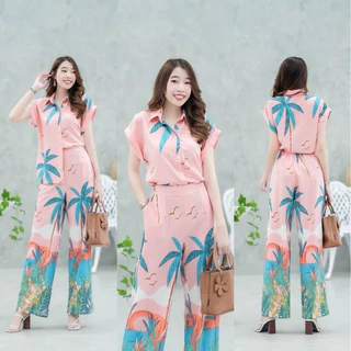 🌴เซ็ท 2 ชิ้น ลายมะพร้าว เสื้อเชิ้ตกระดุมหน้าแขนเบิ้ล + กางเกงขายาว
