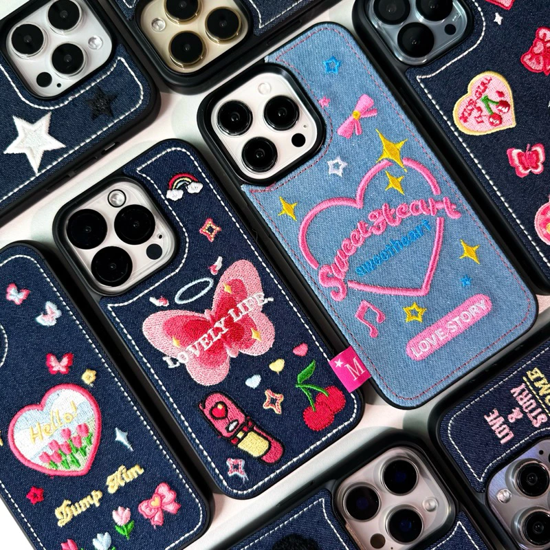 [i17] พร้อมส่ง🦋🌷T6S6 เคสยีนส์ hello tulip เคสผ้า สำหรับ iPhone case เคสไอโฟน X-14plus,16Plus,16,16Promax,17P,17Promax