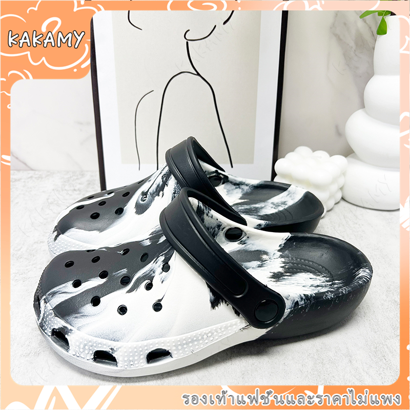 KAKAMY รองเท้าแตะชายหาด รองเท้าหัวโตแบบมีรู สไตล์เกาหลี DIY แฟชั่น พื้นหนา