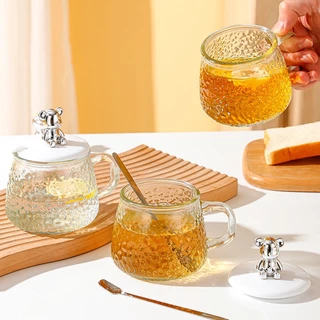 แก้วใส แก้วกาแฟ วัสดุพร้อมช้อนชง มีฝาปิดรูปหมี300ml(0002)
