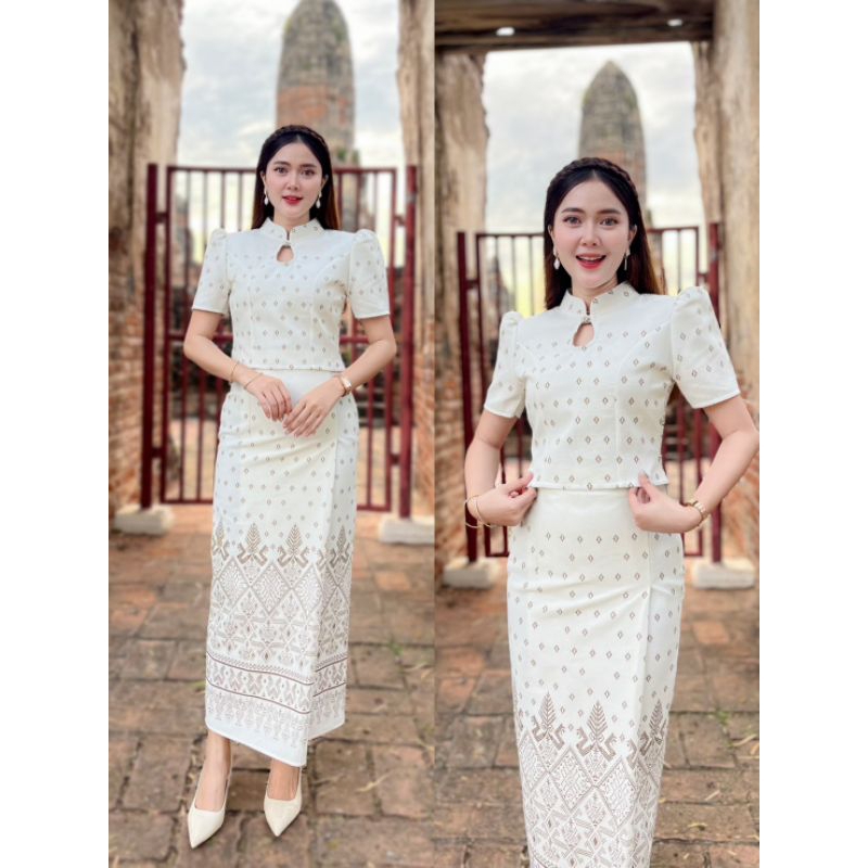 ชุดผ้าไทยใส่ออกงานใส่ทำงานใส่งานบุญงานบวชผ้าฝ้ายอัดกาวทั้งชุดผ้าถุงป้ายซิบหลังเสื้อคอจีนหยุดน้ำซิบหล