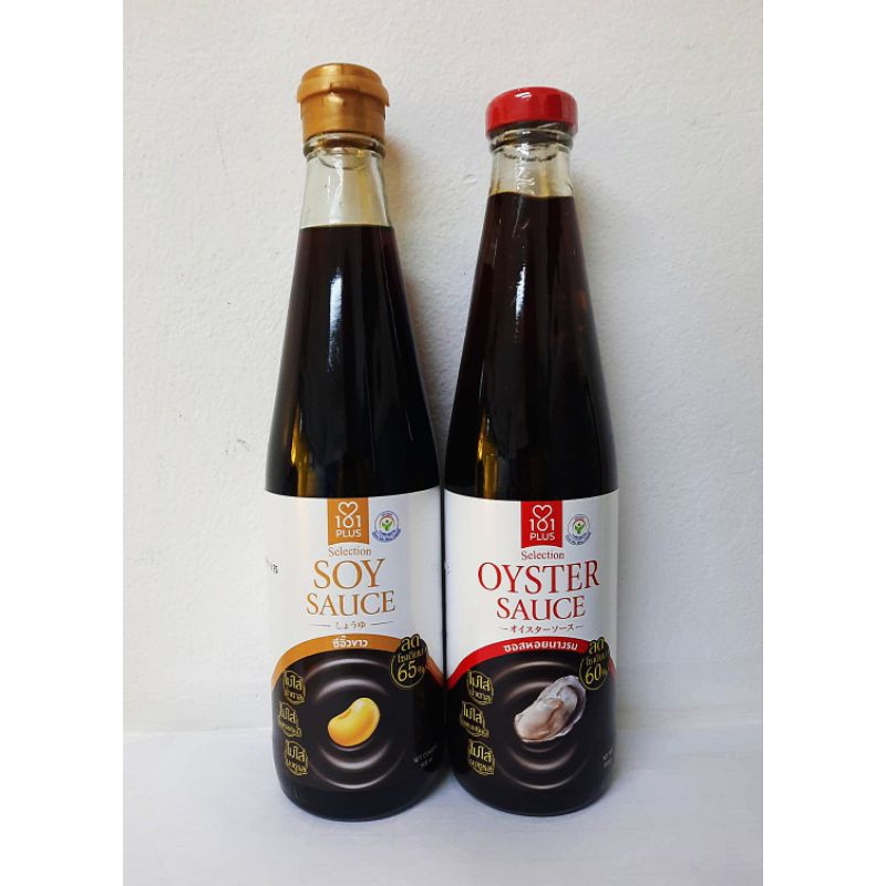 101 plus แพ็คคู่ ซีอิ๊วขาว 101 plus ขนาด 500 ml ลดโซเดียม 65% และซอสหอยนางรม 101 plus ขนาด 580 g ลดโ