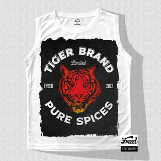 FREEDเสือแขนกุด สีขาวพิมพ์ลาย ผ้าสปอร์ตไมโครทอลายรังผึ้ง Unisex