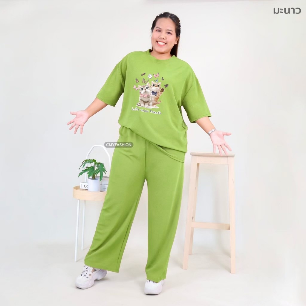 ชุดเช็ท สาวอวบ เสื้อคอกลม สกรีนลายแมว กางเกงขายาว ทรงกระบอกใหญ่ ผ้าอัดลายเม็ดงา 9015-img-28# - รูปที่ 6