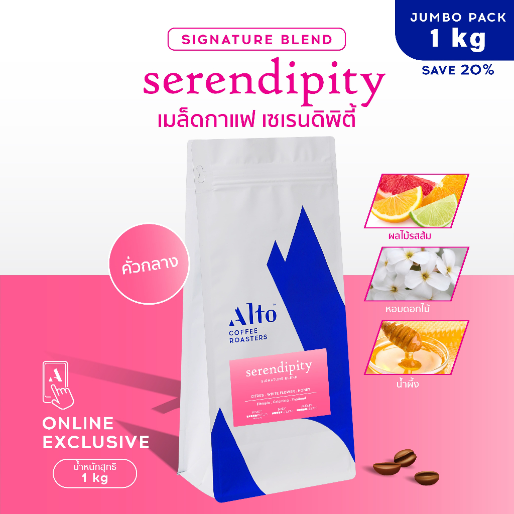 (ถุงใหม่ 1 kg) Alto Coffee เมล็ดกาแฟ คั่วกลาง 1 kg - Serendipity Blend