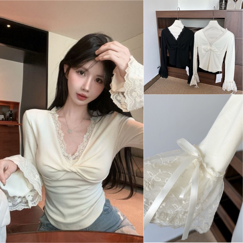 𝕄𝕖𝕝𝕝𝕠𝕠 𝕕𝕖𝕤𝕚𝕘𝕟 พร้อมส่ง เสื้อยืดแขนยาวแต่งขอบลูกไม้ผูกริบบิ้น