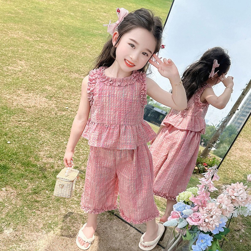 PRINCESS KESLI ชุดเด็กผู้หญิงผ้าฝ้ายสีแดงชุดพัฟแขนสแควร์คอปุ่มที่มีสีสันตาหมากรุกด้านบน+กางเกงขากว้างลูกไม้ชุดสองชิ้น