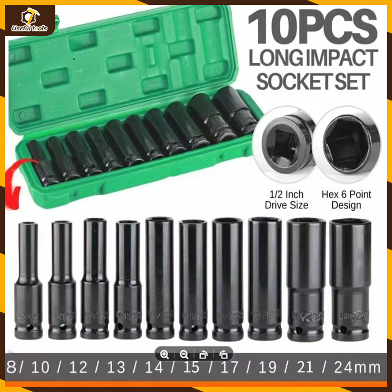 💥จัดส่งที่รวดเร็ว💥10 ตัว/ชุด ชุดประแจไฟฟ้า Hex Shank ลูกบล็อกยาว ชุดลูกบล็อกยาว ชุดบล็อก ชุดประแจไฟฟ้า 1/2'' 4หุน