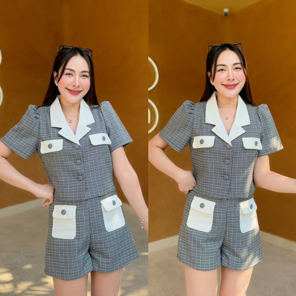 AN777 เซ็ตเสื้อเทาคอปกขาว+กางเกงขาสั้น The Alner Women Clothing ผู้หญิง