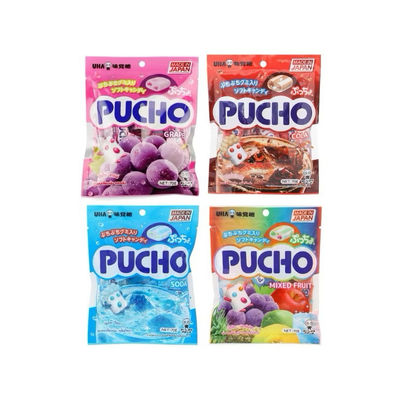 UHA PUCHO MIXED FRUIT / GRAPE /SODA/ COLA ยูฮ่า ปุ้จโจะ ซอฟท์ แคนดี้ องุ่น มิกซ์ฟรุ๊ต โคล่า 70กรัม (