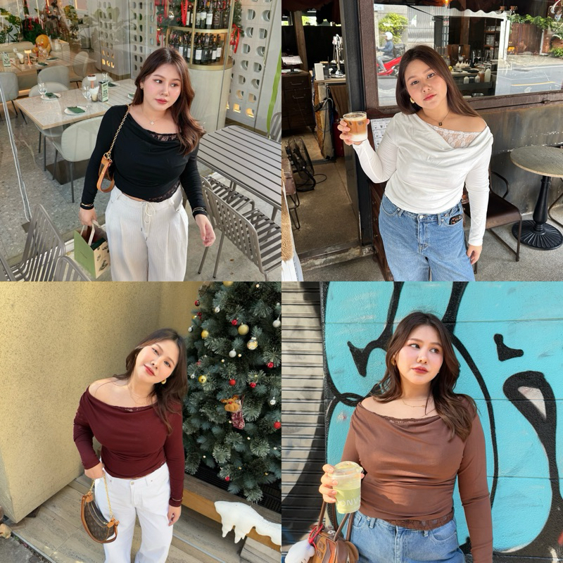 Vienna top ✨🎠 เสื้อแขนยาวเรียบง่ายแต่แกลม คอถ่วง แต่งด้วยลูกไม้ (T0176) - Merryhouse
