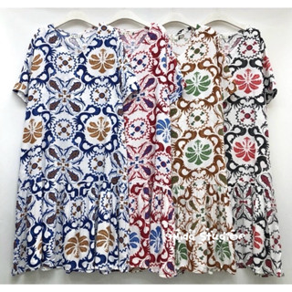 ชุดนอนคุณแม่ คนแก่ ชุดกระโปรง เดรสคอวีแขนสั้น ผ้าสปัน ชายระบ…