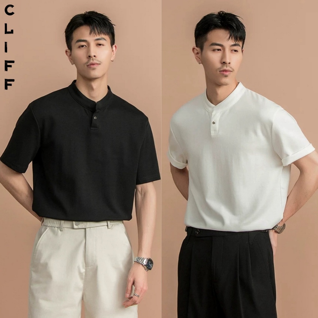 CLIFF แขนสั้นฤดูร้อน รู้สึกเย็น เสื้อยืดคอตั้ง ลำลองแมทช์ลุคง่าย เสื้อผู้ชาย แขนสั้น แฟชั่น