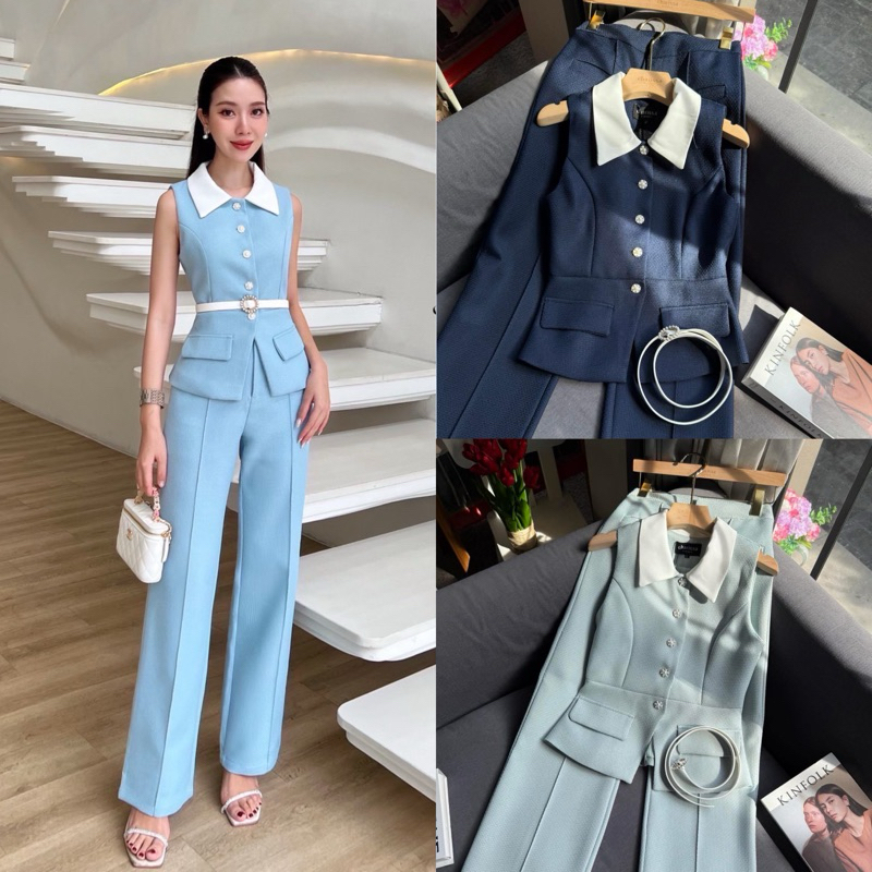 VEST SUIT SET คอปกสีขาว มาพร้อมเข็มขัด ทรงเข้ารูป มาพร้อมกับกางเกงขายาว