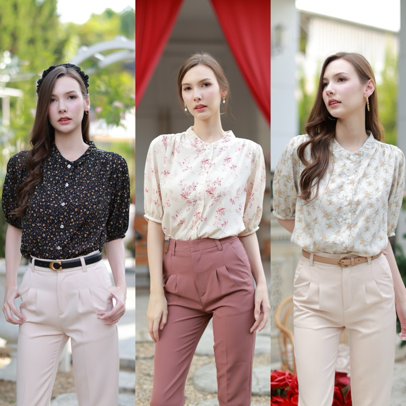 Bouquet top เสื้อคอจีน แขนพอง เสื้อผู้หญิงไม่ต้องรีด เสื้อทำงานไม่ต้องรีด [FreedDary.brand]