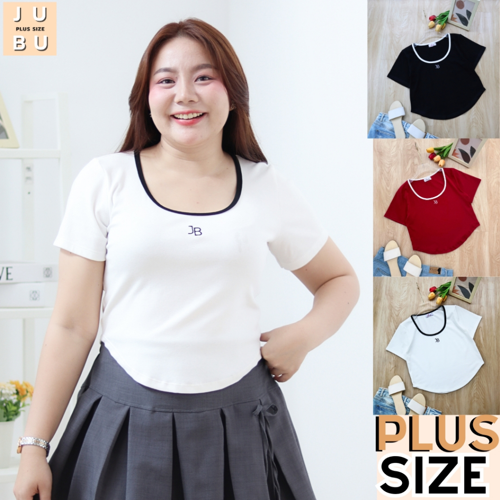พร้อมส่ง เสื้อครอปคอยู ชายเสื้อโค้ง ผ้ายืดนิ่ม งานปักตัวอักษร เสื้อพลัสไซส์ อก34-48นิ้ว #554